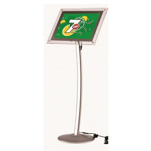Display curbat cu picior tip menuboard, cu iluminare LED, pentru postere si pliante, argintiu