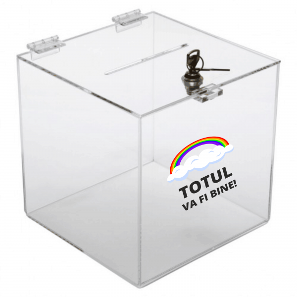 Urna cubica plexiglas 30x30cm cu textul „Totul va fi bine”